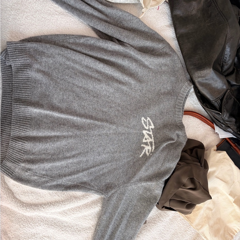 subdued Gray Crewneck Sweater with White Script Logo